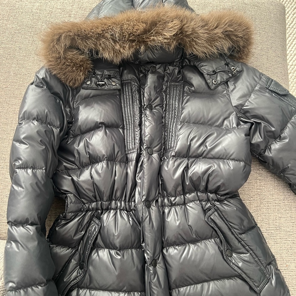 Moncler Gray Puffer Jacket with Coyote Fur Hood